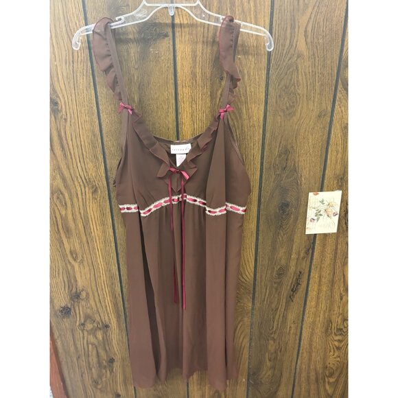 Serenada Ladies 3X Brown/Tan Sleeveless Nightgown With Ruffle & Ribbon Detail - Picture 1 of 3